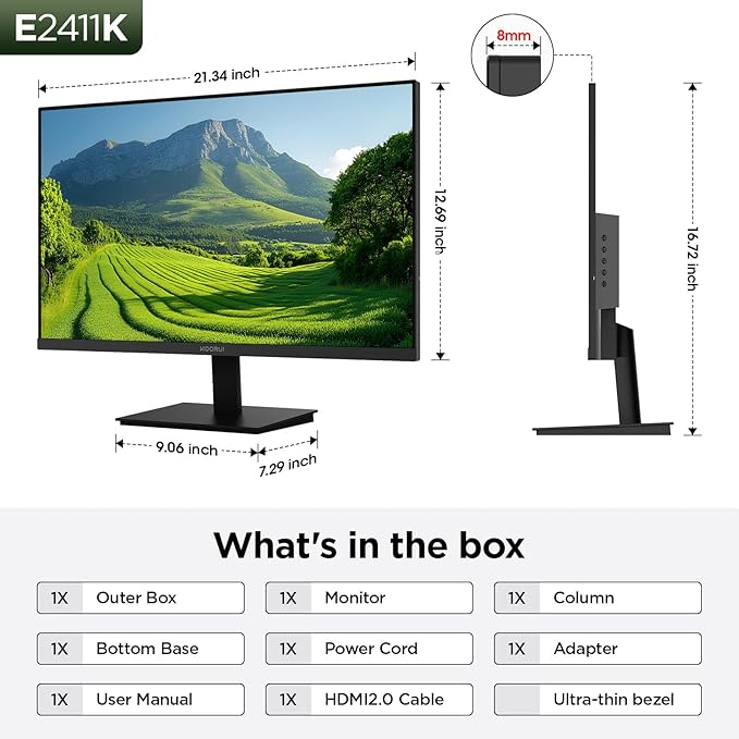 KOORUI 24 Inch 144Hz IPS Computer Monitor Full HD 1920 x 1080p Ultra-Slim Display with HDMI VGA, Adaptive Sync, 99% SRGB, VESA 100x100mm, Eye Care, Tilt, Black, E2411K