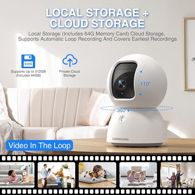 3K Indoor Camera with 64GB Card, Human/Pet/Facial AI Detection, Dog/Cat/Pet Camera Indoor with Phone APP, 5GHz 2.4GHz Dual Band Wi-Fi 6, 360 Pan Tilt Auto Tracking, Night Vision, 2-Way Talk