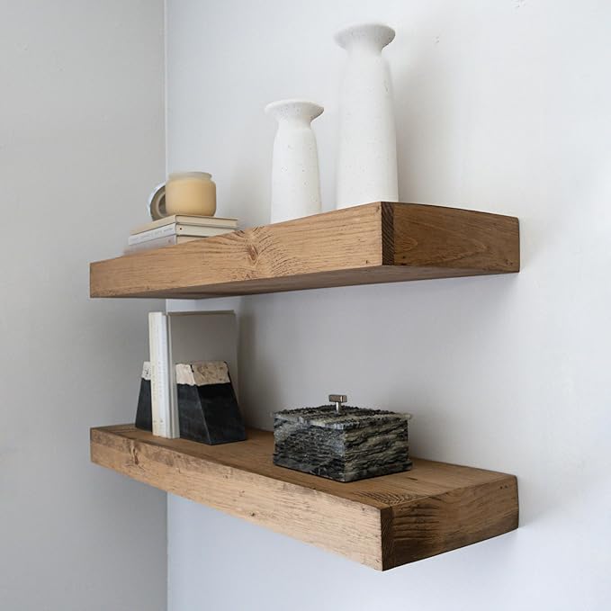 Modern Floating Shelves 3 Inches Thick for Wall, Wide Shelves for Kitchen, Living Room, Bedroom, and Bathroom, Natural Pine Wood, Rustic Wooden Shelf, (Set of 2) (Aged Oak, 48Lx3Hx8D)