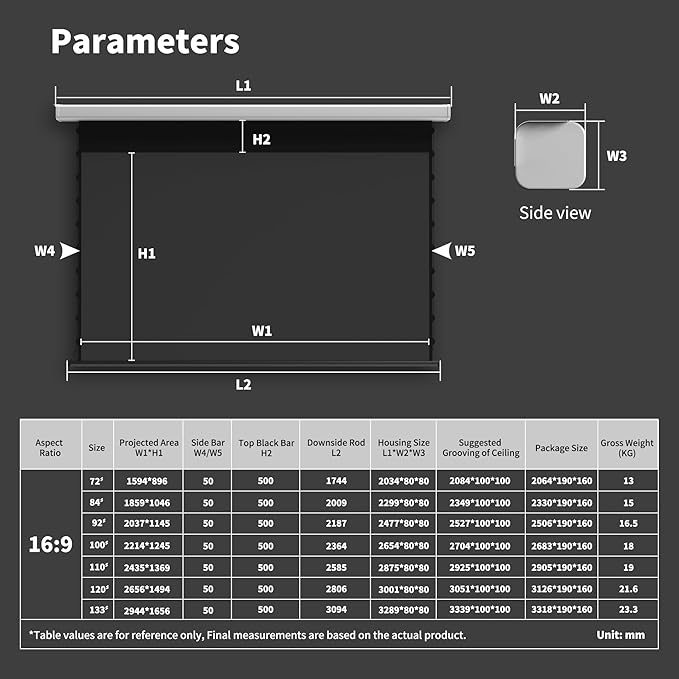 QuadraArc Motorized Drop Down Projector Screen 16:9 Gray Fabric, Wall & Ceiling Mount, Electric Pull Down Screen with Remote Control, Compatible with All Projectors 120"