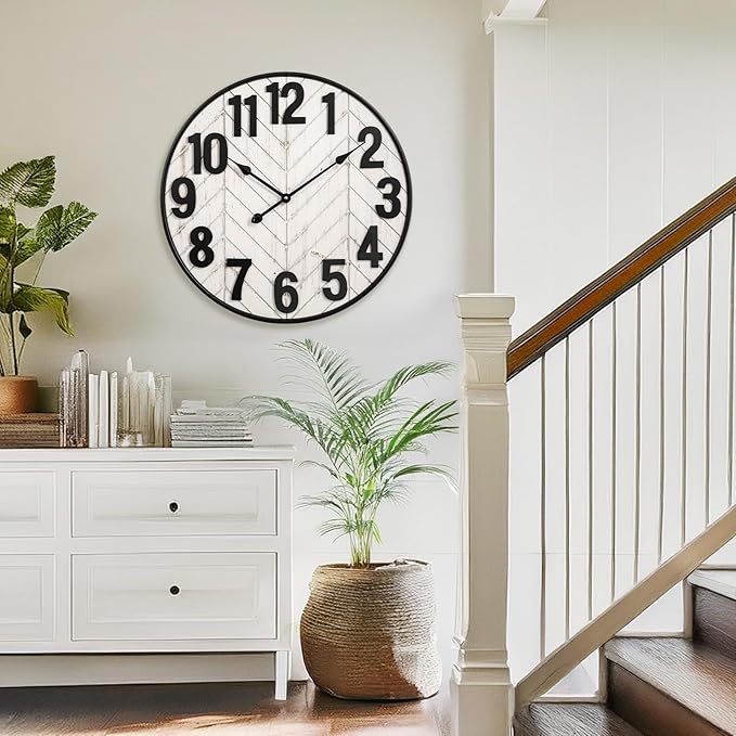 24 Inch Large Wall Clock, Rustic Wooden Farmhouse Wall Clock with Black Metal Frame, Battery Operated Non-Ticking Silent Wall Clocks for Living Room, Kitchen, Bedroom (Whitewashed)