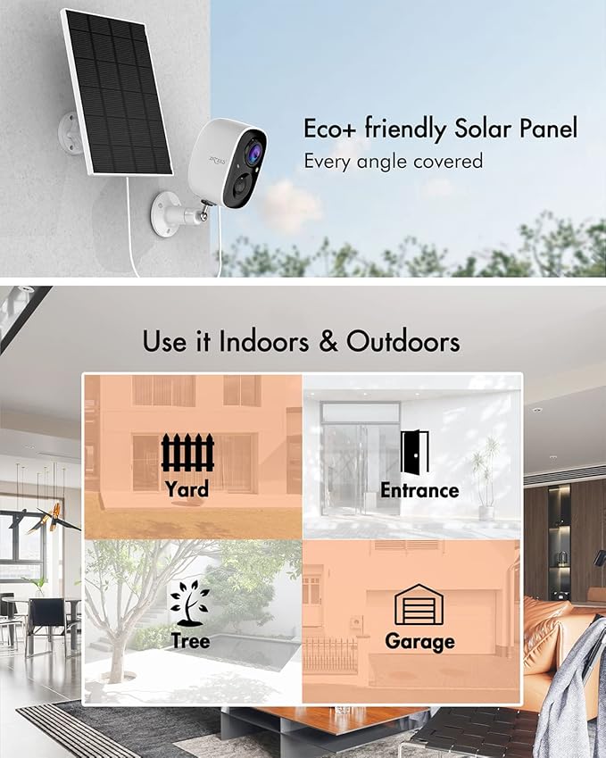 Dzees Solar Powered Security Cameras Wireless Outdoor WiFi, 2K Color Night Vision Outdoor Camera, Wireless Home Security Cameras System with Solar Panel, Spotlight/Alarm, AI Detection, 2-Way Talk