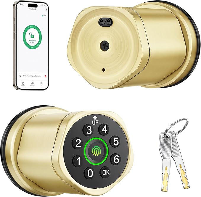 Leydebong 4-in-1 Smart Door Lock with Fingerprint and Keypad - Keyless Entry Electronic Lock with App Control and Mechanical Key - Easy Installation Door Knob with Code in Satin Brass