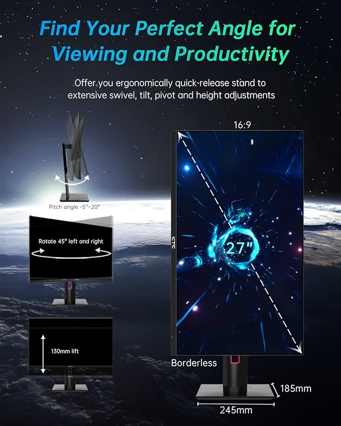 KTC 27" 1440p 170Hz Gaming Monitor, 2K QHD 1ms GTG Fast IPS, HDR, HDMI/USB C/DP, FreeSync & G-Sync, Swivel Tilt Height Pivot Adjustable, H27T22