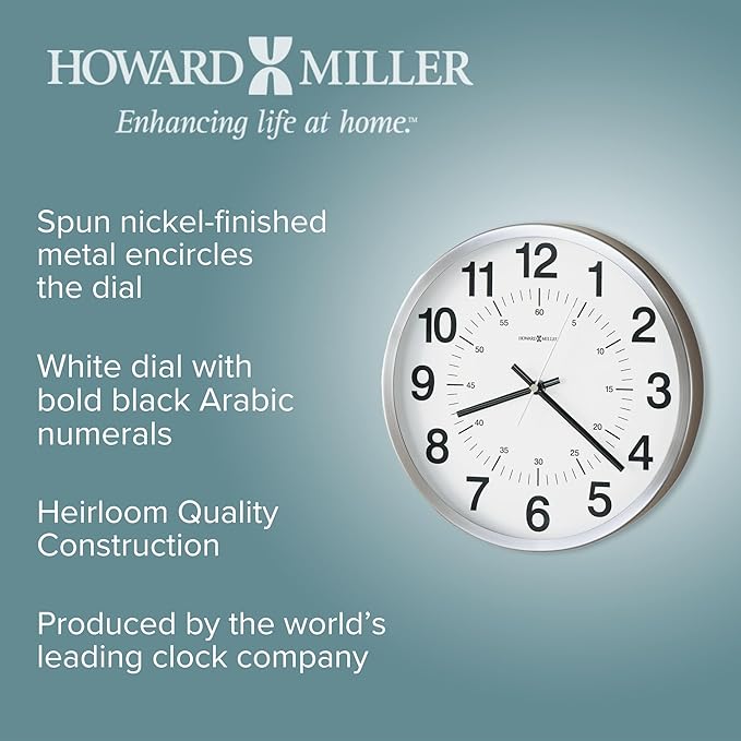 Howard Miller Easton Wall Clock - Round Metal Case, Battery-Operated Analog Timepiece with Glass Crystal, Quartz Mechanism, Arabi Numeral, Hanging Clock for Home - Kitchen, Bedroom, and Office Decor