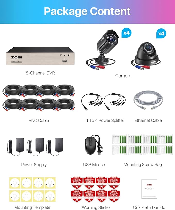 ZOSI 3K Lite Security Camera System, H.265+ 1080P 8CH Wired DVR with 1TB Hard Drive, 8pcs 2MP Bullet and Dome Weatherproof CCTV Cameras, AI Human/Vehicle Detection, Motion Alert, Remote Access