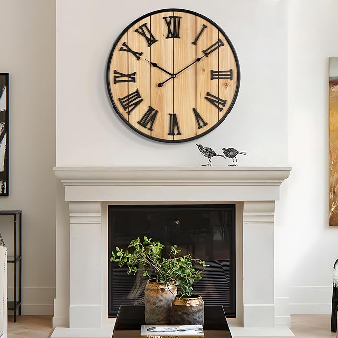 Large Wall Clock 24IN, Silent Metal Wood Style Wall Clocks Battery Operated for Living Room Decor, Farmhouse Big Wall Clock, Outdoor