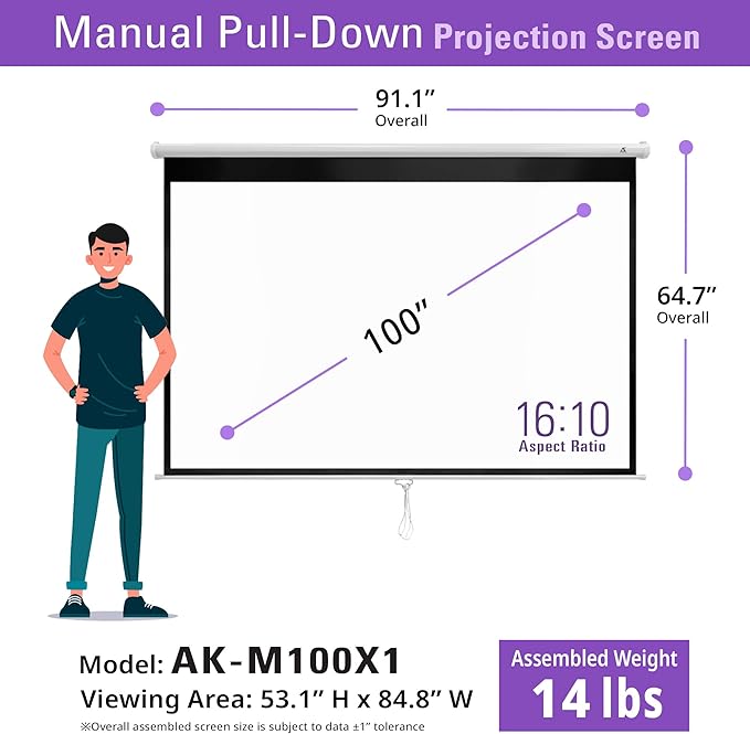 Akia Screens 100 inch Projector Screen Pull Down Manual B 16:10 8K 4K HD 3D Ceiling Wall Mount White Portable Projection Screen Retractable Auto Locking for Indoor Movie Home Theater Office AK-M100X1