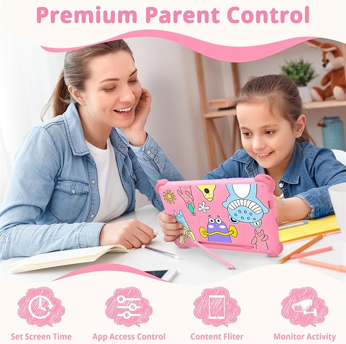 okulaku Kids Tablet, 7 inch Tablets for Kids 3-12, Toddler Tablet with Stand Case, 32GB Child Learning Computer Tablets with WiFi for Boys Girls, IPS Screen, Parental Control, GMS, YouTube (Pink)