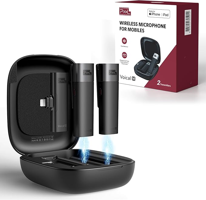 PIXEL Wireless Lavalier Microphone (MFi Certified)-2 Pack Lapel Mics Compatible with All Lightning Devices.Plug and Play,Noise Cancelling,Professional for YouTube,Vlog,Livestream & Podcasts