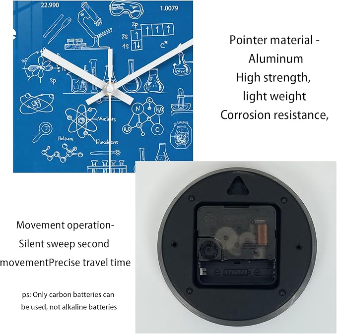 XNM Modern Blue Chemical Clock for Classroom Glass Analog Small Science Wall Clocks Battery Operated 12 Inch Round Silent Wall Clock for Study Room