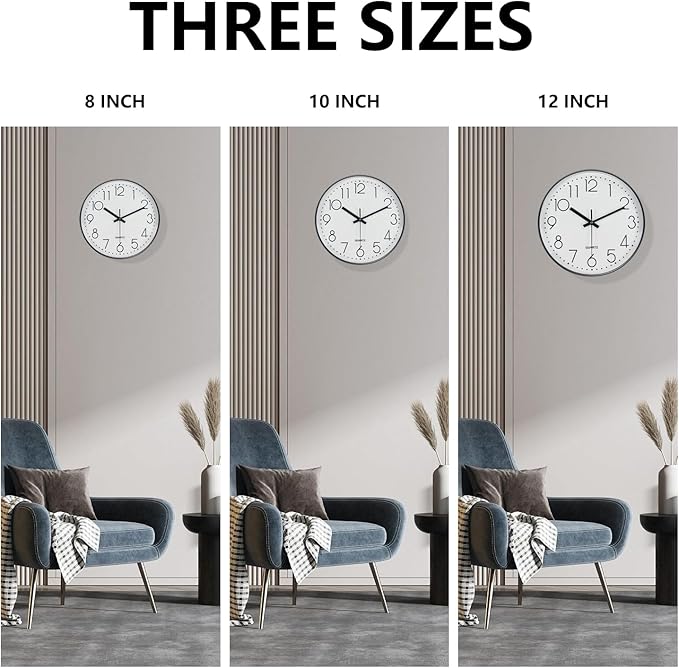Wall Clock, Silent Wall Clocks Battery Operated 10 Inch Modern Non Ticking Analog Clock with Large Numerals Tempered Glass Clocks for Bedroom, Living Room, Kitchen, Office Decor, White Black