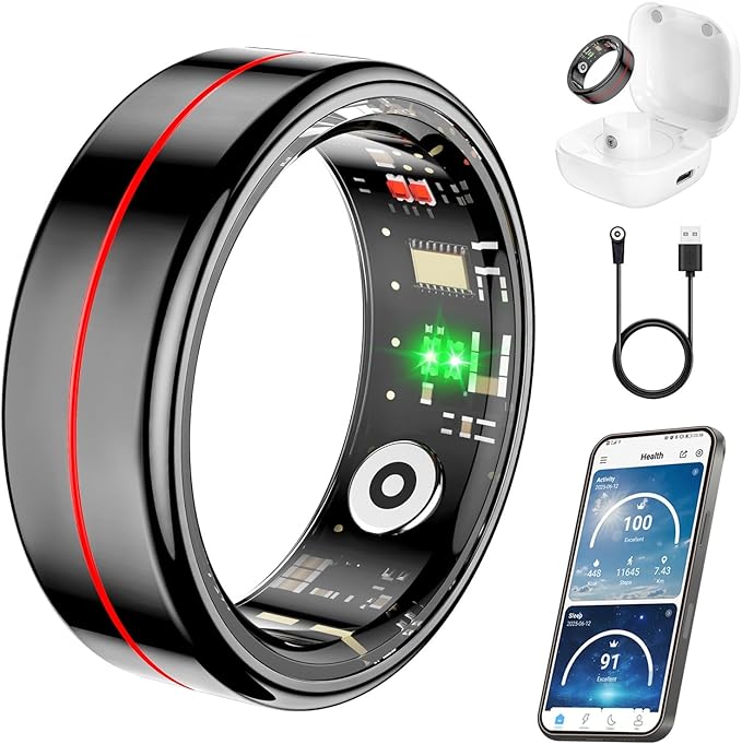 Fit Ring, Smart Health Rings for Women Men with Heart Rate,Blood Oxygen,HRV,Stress Level, Sleep Monitor, Step Tracker, No Subscription Fee, IP68 Waterproof Smart Ring for iphone &Android (Black, 10#)