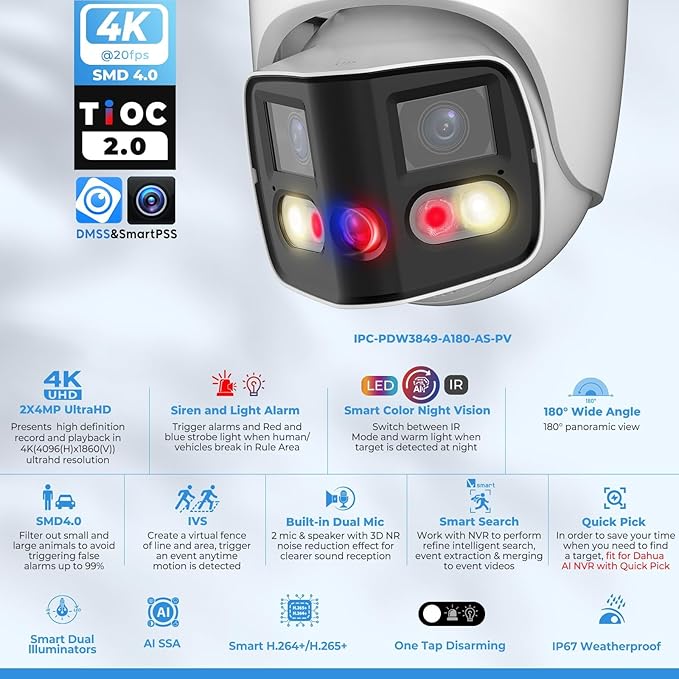 Dual-Lens 4K (8MP) TiOC Outdoor POE Camera - 2 x 4MP Duo 180° Panoramic Wide Angle AI Turret IP Camera, Dual Color Night, DMSS, Active Detterence, 2-Way Audio, Human/Vehicle Detection