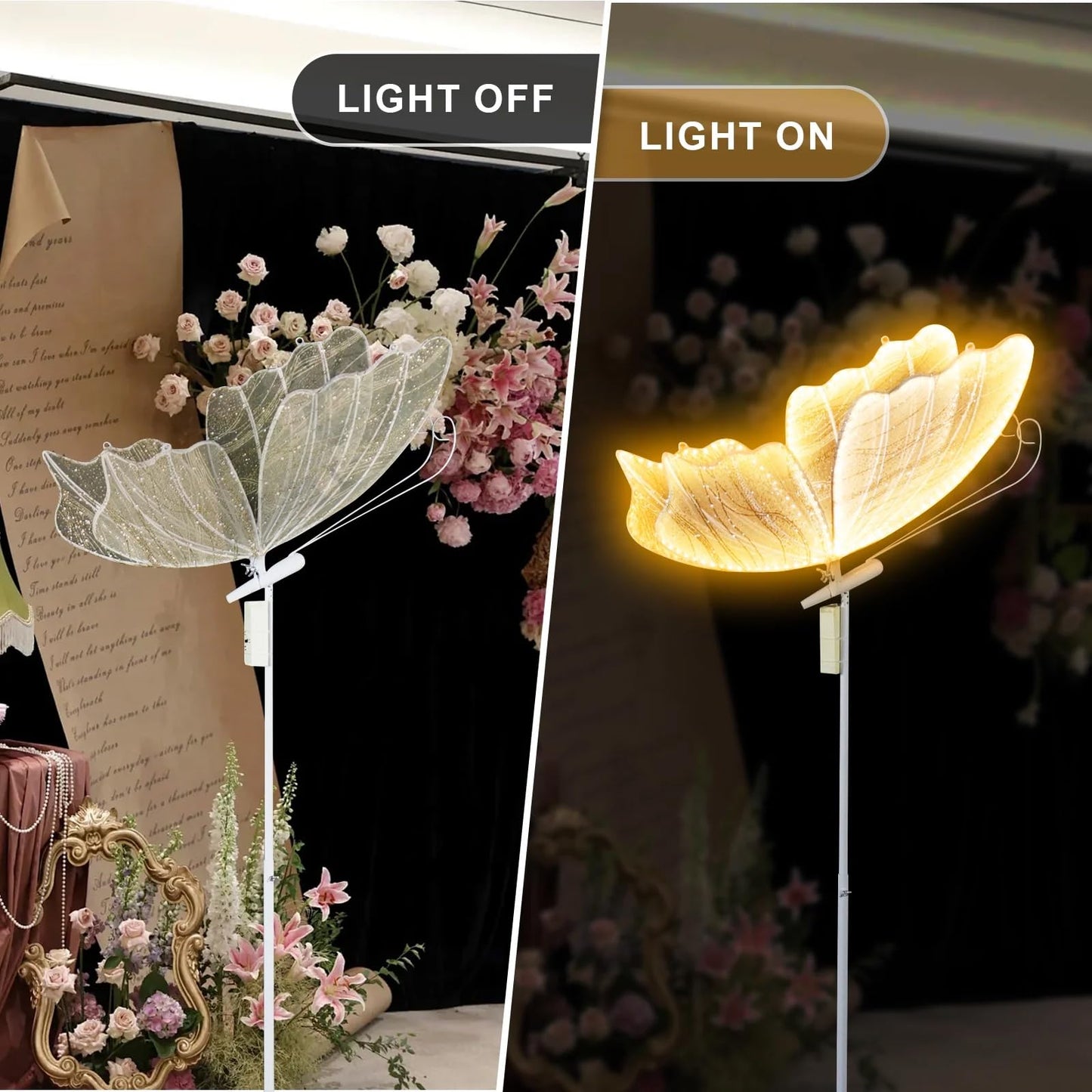 DYRABREST Butterfly LED Aisle Lights, Adjustable Height 57.5-70.1in, White Warm Light, Iron Material, 2-Pack for Weddings