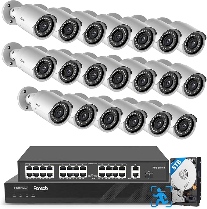 32 Channel Security Camera System, 4K 32CH PoE NVR 8TB HDD, 20x 5MP Wired Surveillance IP PoE Cameras Outdoor with AI Human Detection, Built-in Microphone, 100ft IR Night Vision, PB37F2032-5M