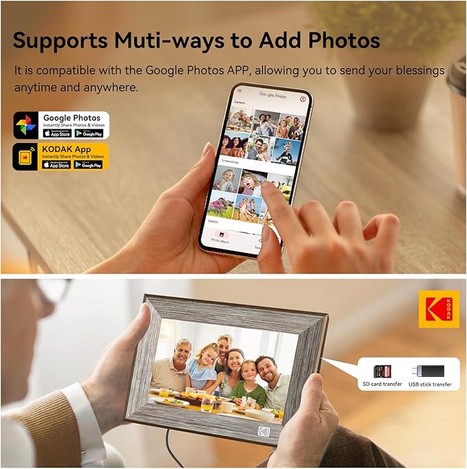 KODAK Wooden WiFi Digital Picture Frame, 32G 10.1 Inch Digital Photo Frame 1280x800 HD IPS Touch Screen, Auto-Rotate, Share Photos and Videos via KODAK App, for Friends and Family