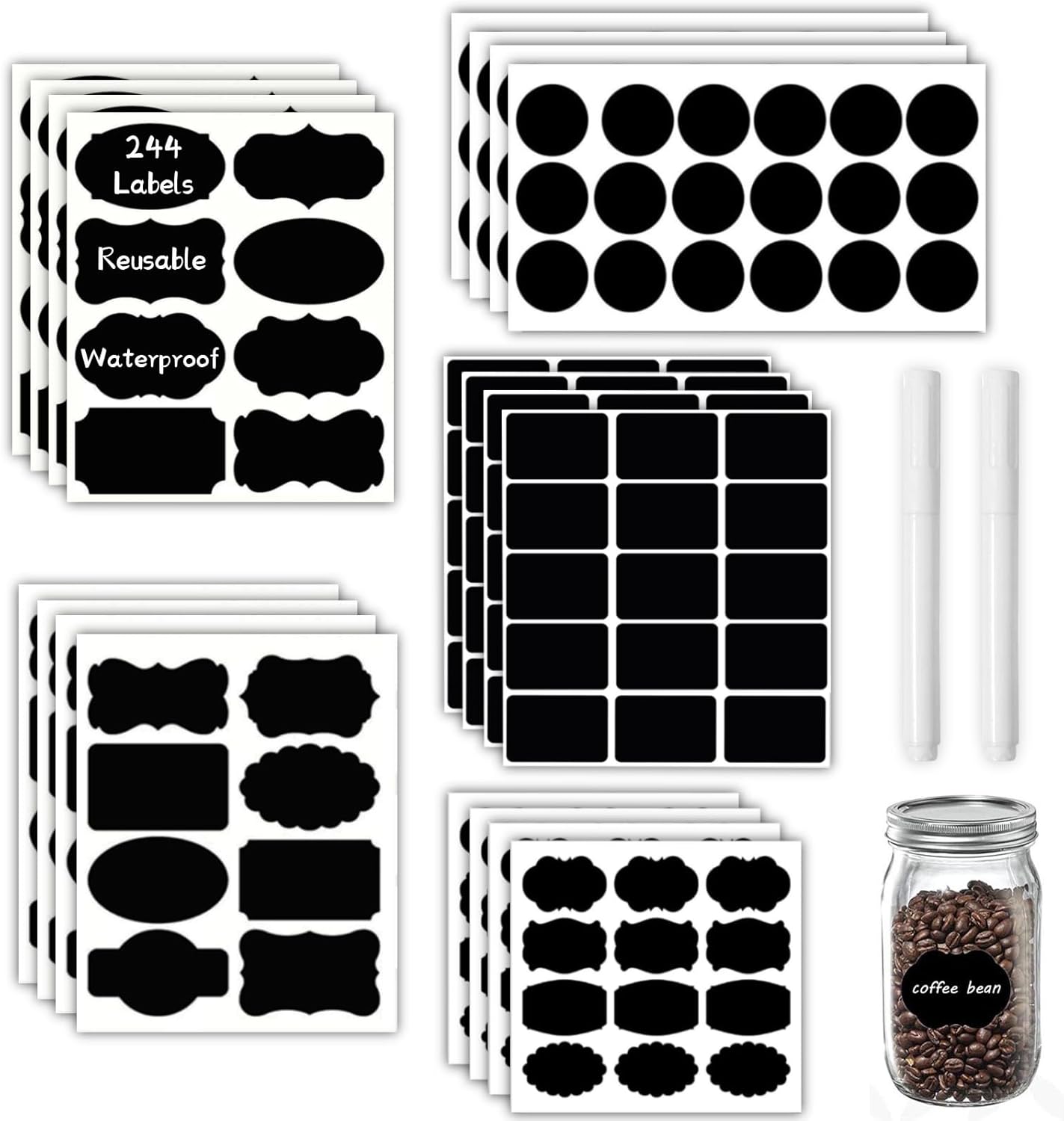 Chalkboard Labels 244 PCS, Waterproof Reusable Blackboard Stickers with 2 Chalk Marker, Erasable Handwritten Stickers or Food Containers, Mason Jars, Pantry, Bottles Storage Bins (244 PCS)