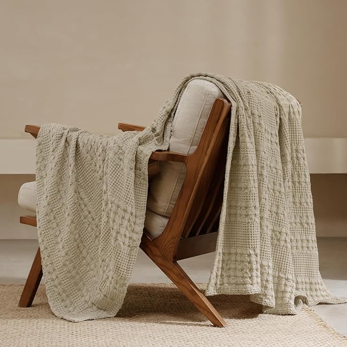 PHF 100% Cotton Waffle Weave Throw Blanket, Soft Lightweight Breathable Cozy Summer Throws for Couch Bed Sofa, Luxury Aesthetic Woven Blanket for Home Decor & Office, 50"x60", Khaki