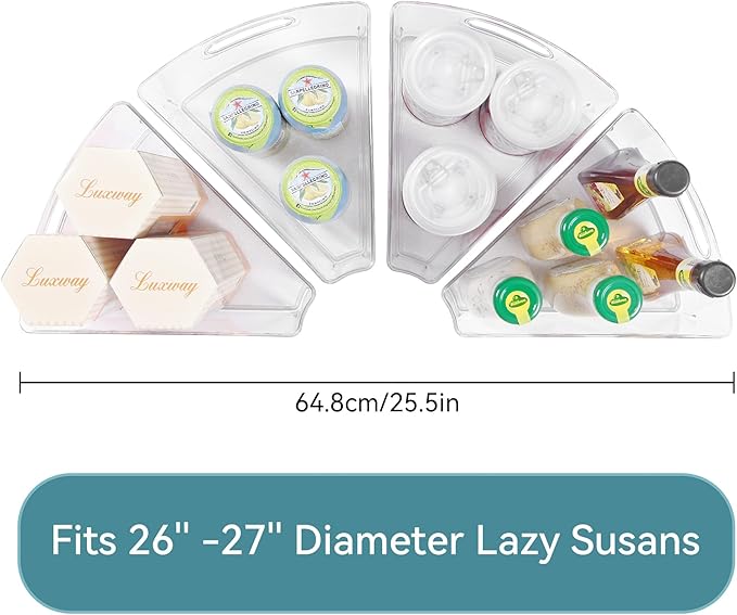 Oubonun Lazy Susan Organizers Set of 6, 10.2”x 9.4”x 4” Plastic Transparent Kitchen Cabinet Storage Bins with Handle, 4" Deep Container, 1/8 Wedge - Food Safe, without BPA