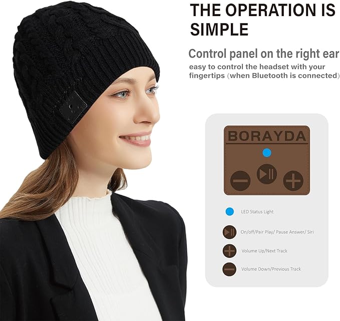 Bluetooth Beanie, Bluetooth 5.2 HD Stereo,30 Hours Play time,Built-in Microphone, Men's/Women's Christmas Electronic Gift (Black)