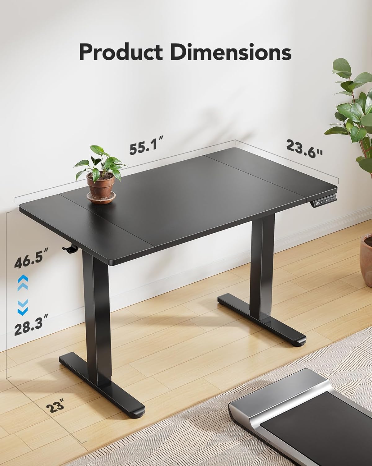HUANUO 55 x 24 inch Electric Standing Desk, Height Adjustable Table with Headphone Hooks & Cable Manager, Sit to Stand up Desk for Home Office, Black