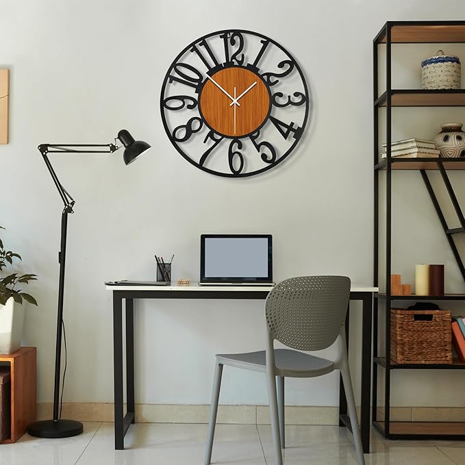 Maxstar Large Round Wall Clock for Living Room Decor Battery Operated Non Ticking Black Metal Wood Clocks for Home Living Room Garden Office Kitchen Decoration -32 inch