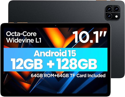 Android Tablet,10.1 Inch Android 15 Tablet with Octa-Core Processor,12GB RAM+128GB ROM(64GB ROM+64GB TF Card Included),1280 * 800 IPS HD Screen,6000mAh,Dual Camera,WiFi 6,BT 5.4