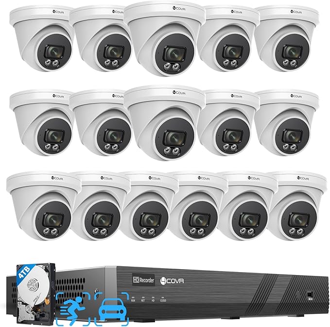 4COVR 4K 16 Channel Security Camera System PoE with Mic, 16x 8MP 2.8mm 110° Wide Angle IP67 Dome IP Camera for Business, 4K UHD NVR 4TB HDD, AI Human Vehicle Detection, 24/7 Recording, LY97SA8M1616