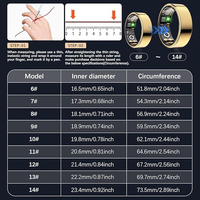 Health Tracker Ring, Smart Health Ring for Women Men with Heart Rate, Blood Oxygen, Sleep Monitor, Steps,Calories, No Subscription Fee, IP68 Waterproof Smart Ring for iPhone & Android (Gold, 6#)
