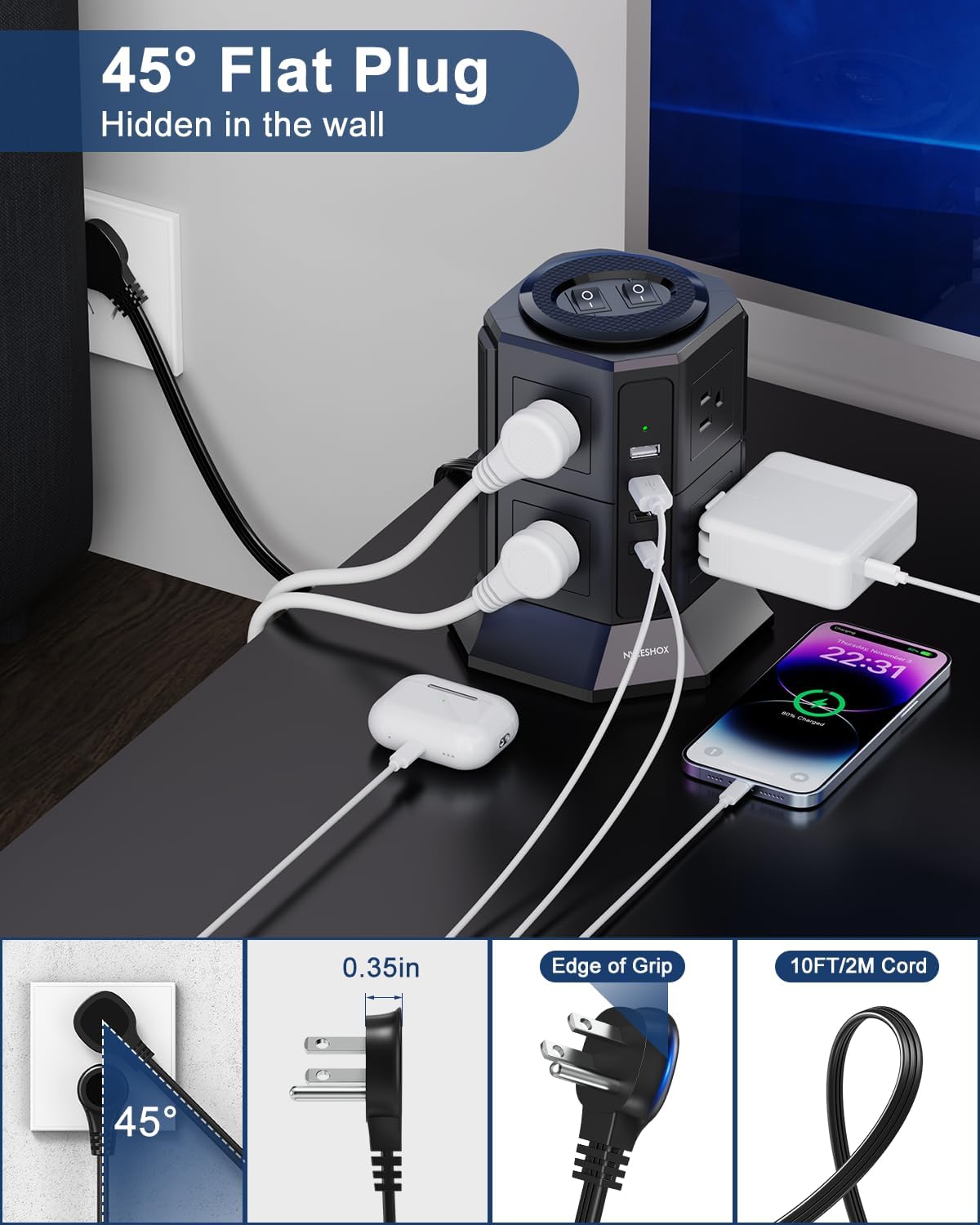 Surge Protector Power Strip with 4 USB Ports(2 Type C) 8 AC Outlets, 10 Ft Ultra Flat Extension Cord with Multiple Outlets, Ultra Flat Plug Power Strip, Desktop Outlet Extender for Home Office Dorm