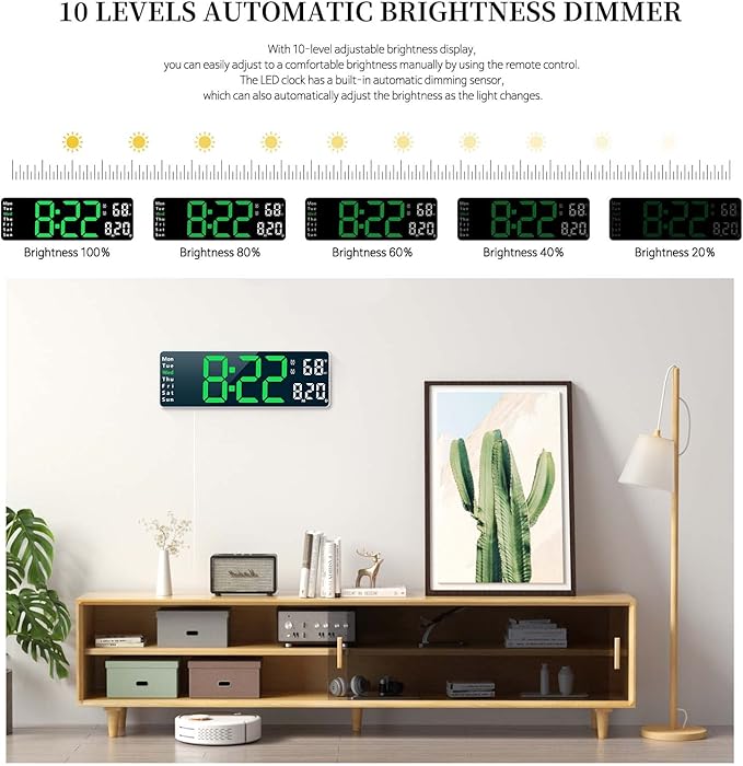 Digital Clock, Digital Wall Clock for Living Room Decor, Desk Alarm Clock for Bedroom, Large Wall Clock with Remote Control, Automatic Brightness Dimmer LED Clock with Date Temperature Week (Green-W)