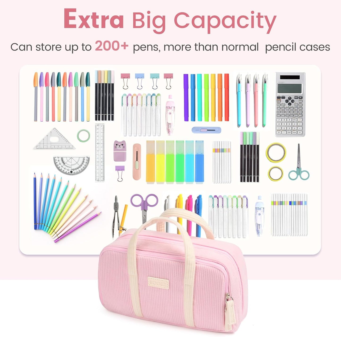 Sooez Large Pencil Case Pouch, Extra Big Pencil Bag with 5 Compartments, Pen Case Wide Opening, Soft Corduroy Pen Bag Organizer with Zipper, Cute Aesthetic School Supplies for Teen Girls, Red