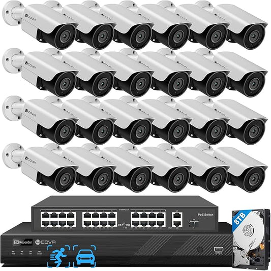 4COVR PoE 32 Channel Security Camera System, AI Human/Vehicle Detection, H.265 UHD NVR 8TB HDD, 24Pcs 5MP Commercial Bullet IP Camera IP67 Night Vision, Business Surveillance Outdoor, LY37EX5M3224