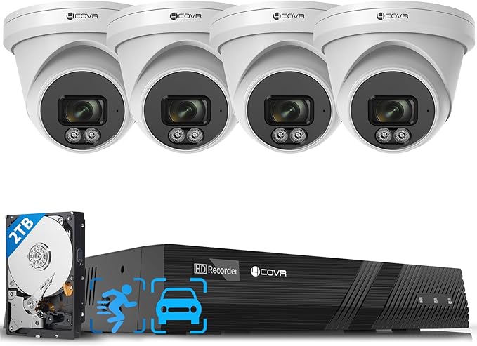 4COVR 4K PoE Security Camera System, Human Vehicle Detection, 4Pcs 8MP 2.8mm 110° Wide Angle Dome IP Camera with Mic, 8CH 8MP H.265 NVR with 2TB HDD, IP67 Home Weatherproof Outdoor, LY97SA8M0804