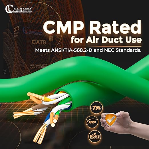 NewYork Cables | CAT6 Plenum Cable 1000ft UL/ETL Listed, 100% Pure Copper, UTP, 550MHz, 23AWG, 4Pair 10GB Ethernet Cable | Certified CMP-Rated Fire-Resistant (1000ft, Pure Copper UL Listed, Green)