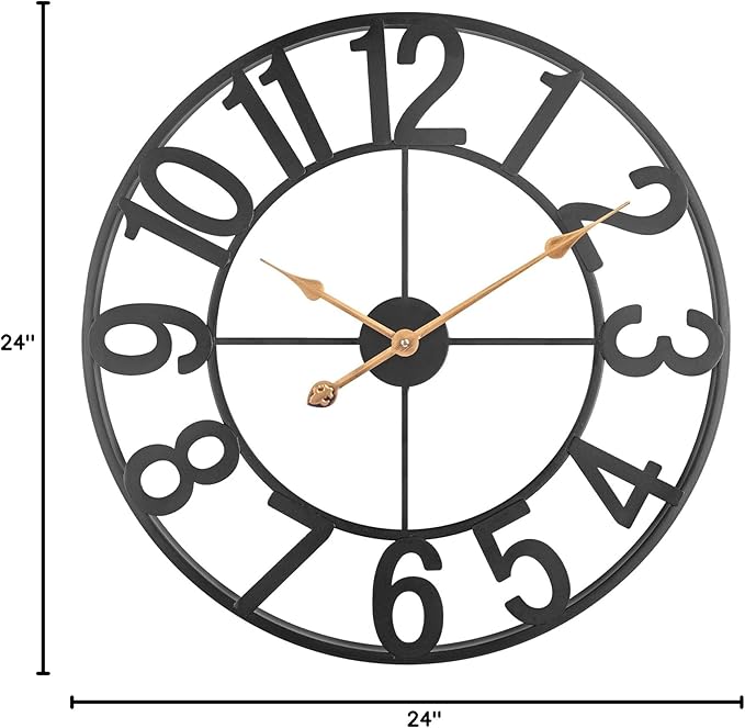BEW 24 Inch Metal Clock, Large Cut-Out Farmhouse Decorative Wall Clock Battery Operated, Silent Non-Ticking Indoor Outdoor Iron Wall Clock for Living Room, Patio