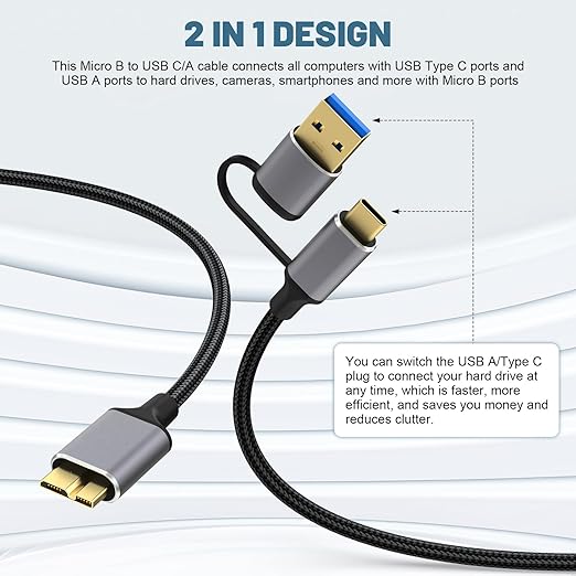 USB A/Type C to USB Micro B Data Transfer Cable Compatible with Nikon D500 D800 D810 D850, Canon EOS 5D Mark IV, 5DS R Camera, Galaxy S5, Note 3, Seagate, WD, Toshiba External Hard Drive, 5ft