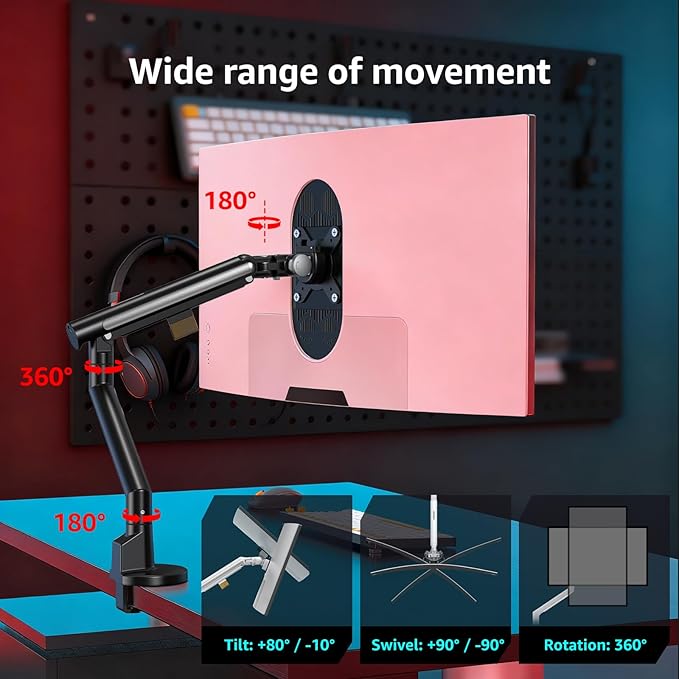 Monitor Arm Stand, 24 to 43 Inch Single Monitor Mount, C Clamp Only, Mechanical Spring Desk Mount, Holds 6.6-26.4 lbs, Fit 75x75/100x100 VESA,(Black)