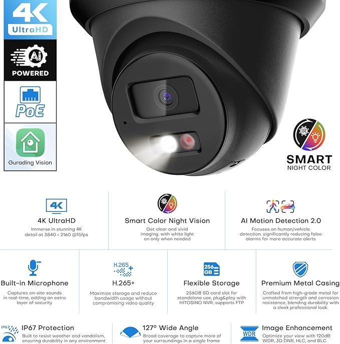 4K IP PoE Camera Outdoor, 8MP PoE Camera Black with Mic/Audio, 98ft IR/Color Night Vision, Human & Vehicle Detection, 127° FOV, MicroSD (256GB)