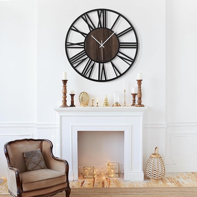 LEIKE Large Wall Clocks,Silent,Non Ticking,Battery Operated Small Vintage Round Modern Wood Wall Clock for Living Room, Bedroom,Kitchen,Farmhouse,Office Decor-13.5 Inch(Black-Roman Numerals)