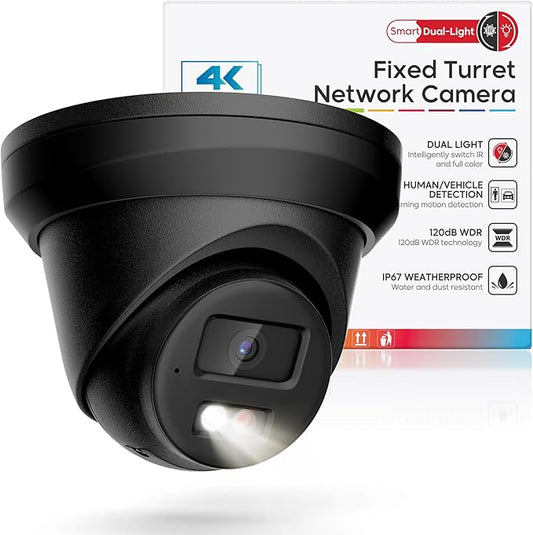 4K IP PoE Camera Outdoor, 8MP PoE Camera Black with Mic/Audio, 98ft IR/Color Night Vision, Human & Vehicle Detection, 127° FOV, MicroSD (256GB)