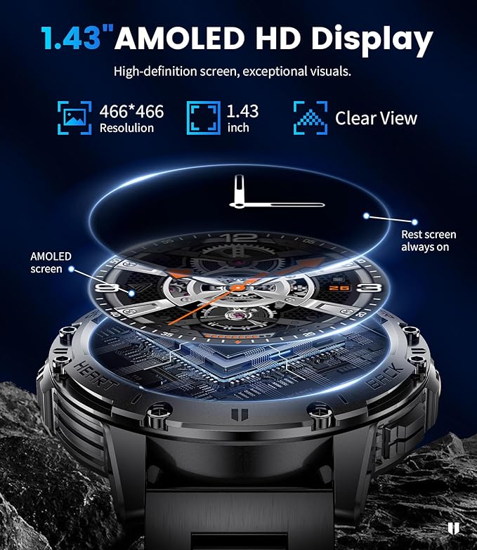 LIGE 1.43" AMOLED Smart Watch for Men with Flashlight, Bluetooth Calling, 100+ Sport Modes, 530mAh, IP68 Waterproof Fitness Tracker for Workout, iOS Android Compatible, Black Steel Black Silicone