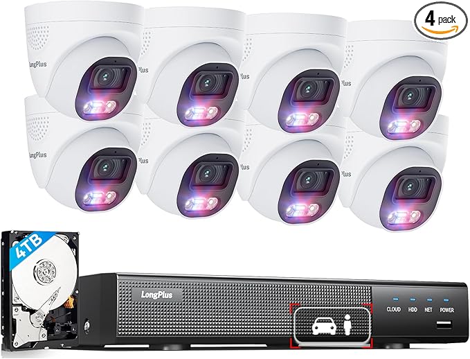 LongPlus 4K PoE Security Camera System, 12MP H.265+ 16CH NVR with 4TB HDD for 24-7 Recording, 8pcs Wired Home Security Camera System, Person Vehicle Detection, CCTV for Businesses Home, LP8MEF8D1