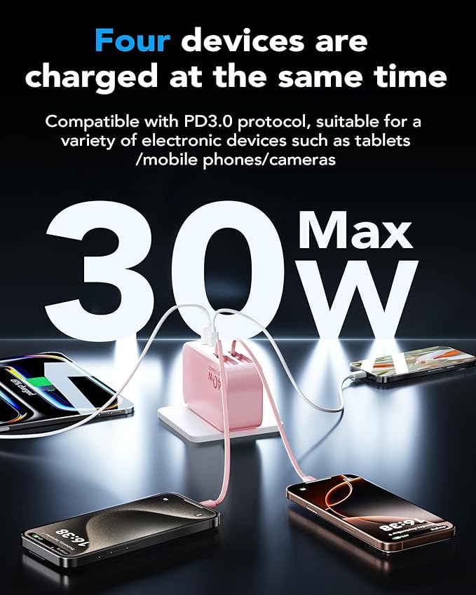 Retractable USB C Charger Wall Plug with Dual 35.5in/90cm Type C Cables Cords,40W Fast Charging Foldable Block Multi Charger for All Devices for iPhone 17/16/15/14/13/12,iPad,Galaxy,Pixel