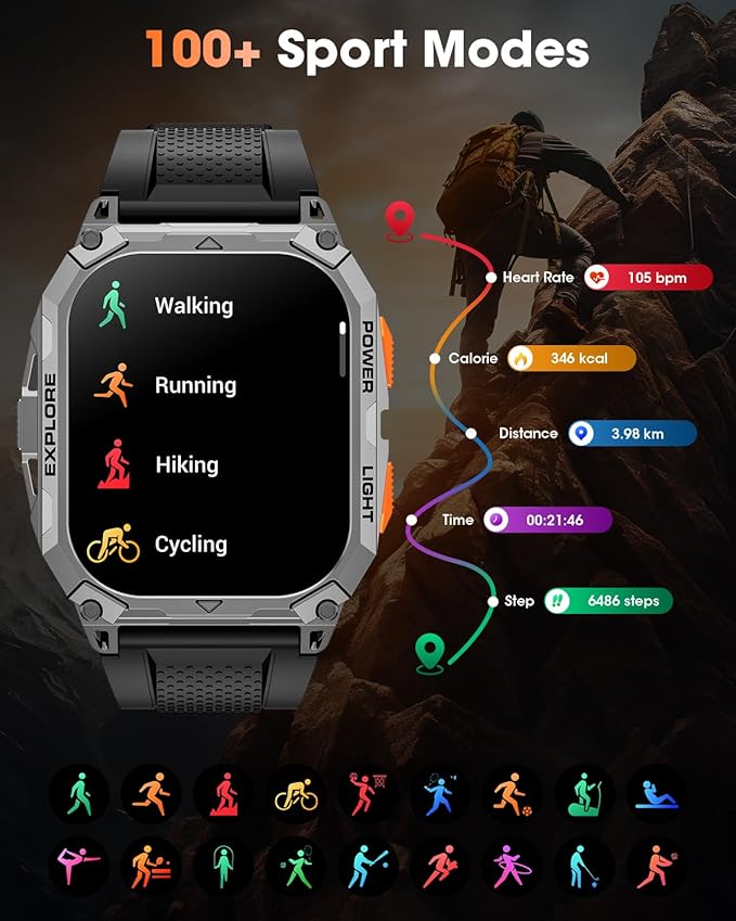 Military Smart Watches for Men, 2.01" HD Smartwatch with 1000 mAh Battery/2 Straps/Answer/Make Call/Led Flashlight/Heart Rate/Sleep Monitor, 100+ Sport Modes Fitness Tracker for Android/iPhone