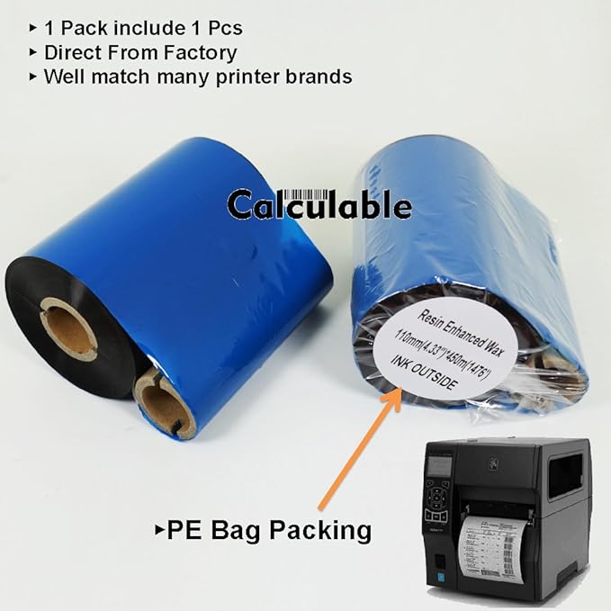 4.33" x1476' (110mmx450m) Thermal Transfer Ribbon Ink Outside Wax Ribbons Resin Enhanced Wax for Zebra GK420D SM4 ZT410 GC420t GK420t GX420t GX430t Tec Datamax Intermec Citizen Printer