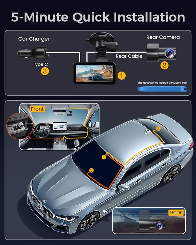 COOLCRAZY 4K Dash Cam Front and Rear with Touch Screen & STARVIS Sensor,5.8Ghz Wi-Fi,GPS,64GB Card,Night Vision Dashcam,G-Sensor,Loop Recording,App Control,24H Parking Monitor Car Camera