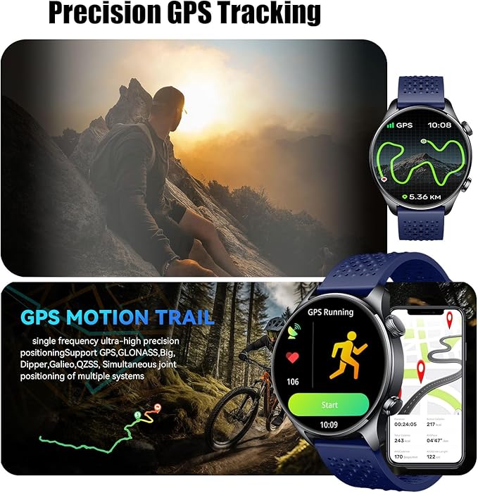 Smartwatch for Men & Women, 1.43" AMOLED Fitness Tracker GPS, Bluetooth Call, Heart Rate, Blood Oxygen (SpO2), Sleep Monitor, 100+ Sports Modes, iPhone & Android – Blue
