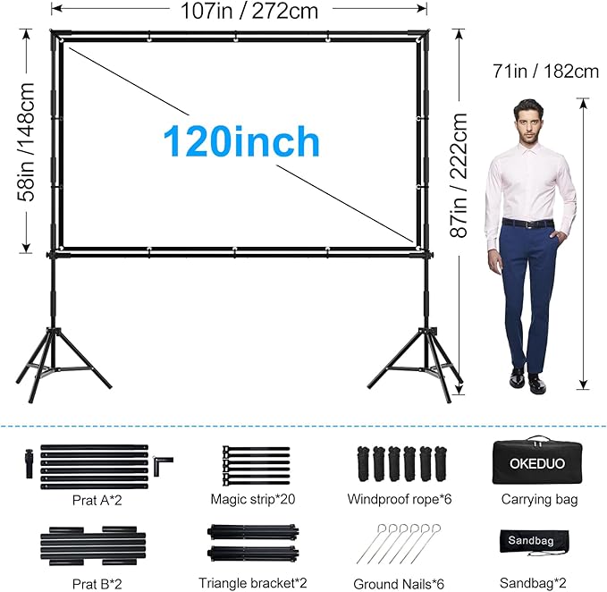 Projector Screen, 120-Inch Outdoor Projector Screen with Stand,16:9,4K Ultra HD,1080P,3D Compatible,Portable Outside Screen with Carrying Bag